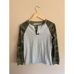 Eddie Bauer Camo Raglan Henley Long Sleeve Grey Green Top Kids Large Adult Small